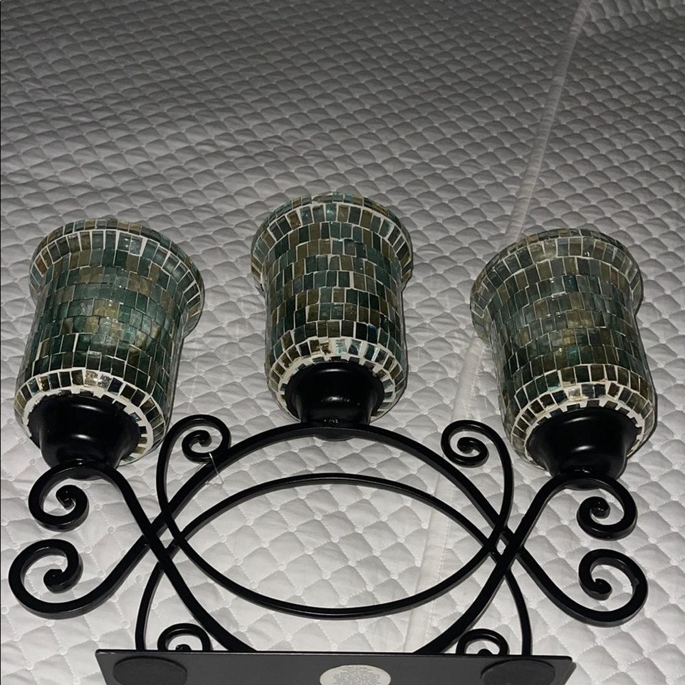 Green and Black Ribbed Glass Candle Holders